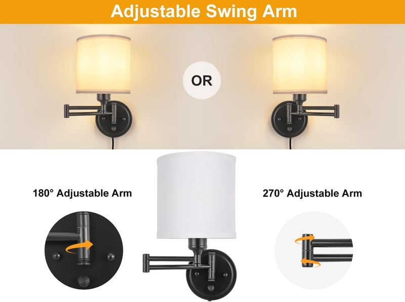 GOODATE Plug in Wall Sconces with Remote Control, Dimming 10%-100% & Adjustable Colors 2700K-6500K, Hardwire or Plug-in, Swing Arm Wall Lamp with White Fabric Shade, Wall Sconces Set of Two, Black Finish - Image 5